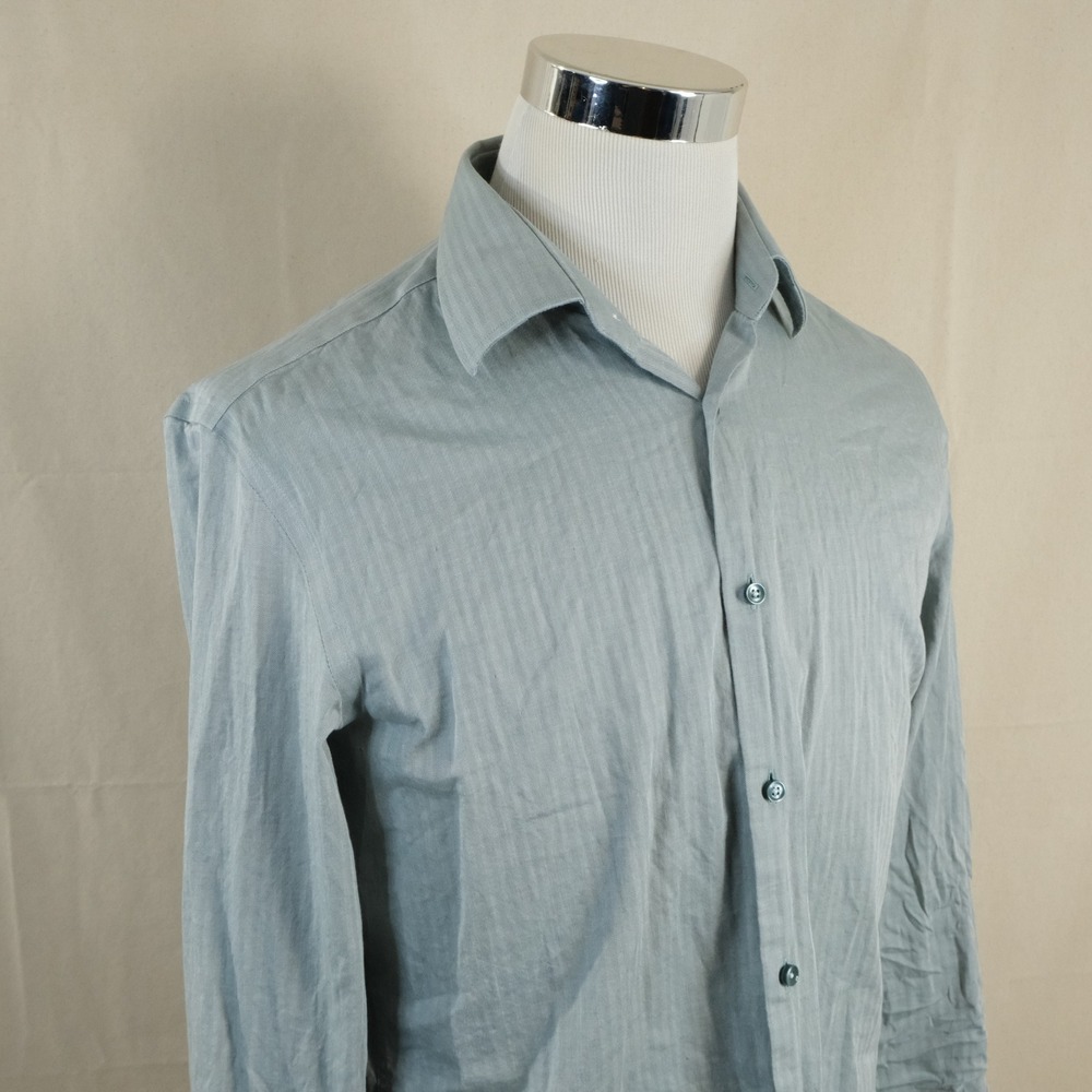 Hugo Boss 16 Slim Fit P-HANK Dress Shirt Green Herringbone Performance Mens